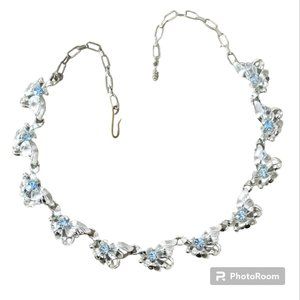 Vintage Silver Tone Angel Wings with Pale Blue Rhinestones Choker Necklace 60s